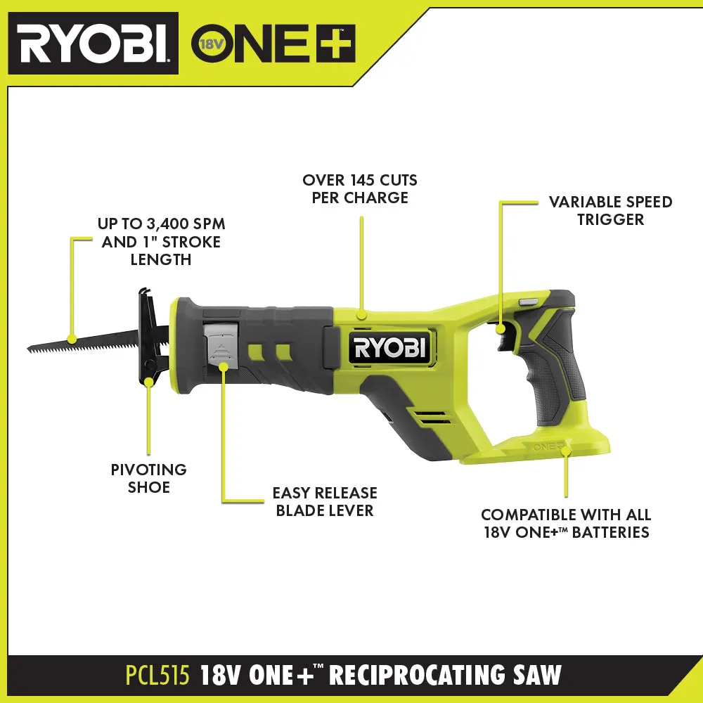 Open Box -  RYOBI ONE  18V Cordless 6-Tool Combo Kit with 1.5 Ah Battery, 4.0 Ah Battery, and Charger