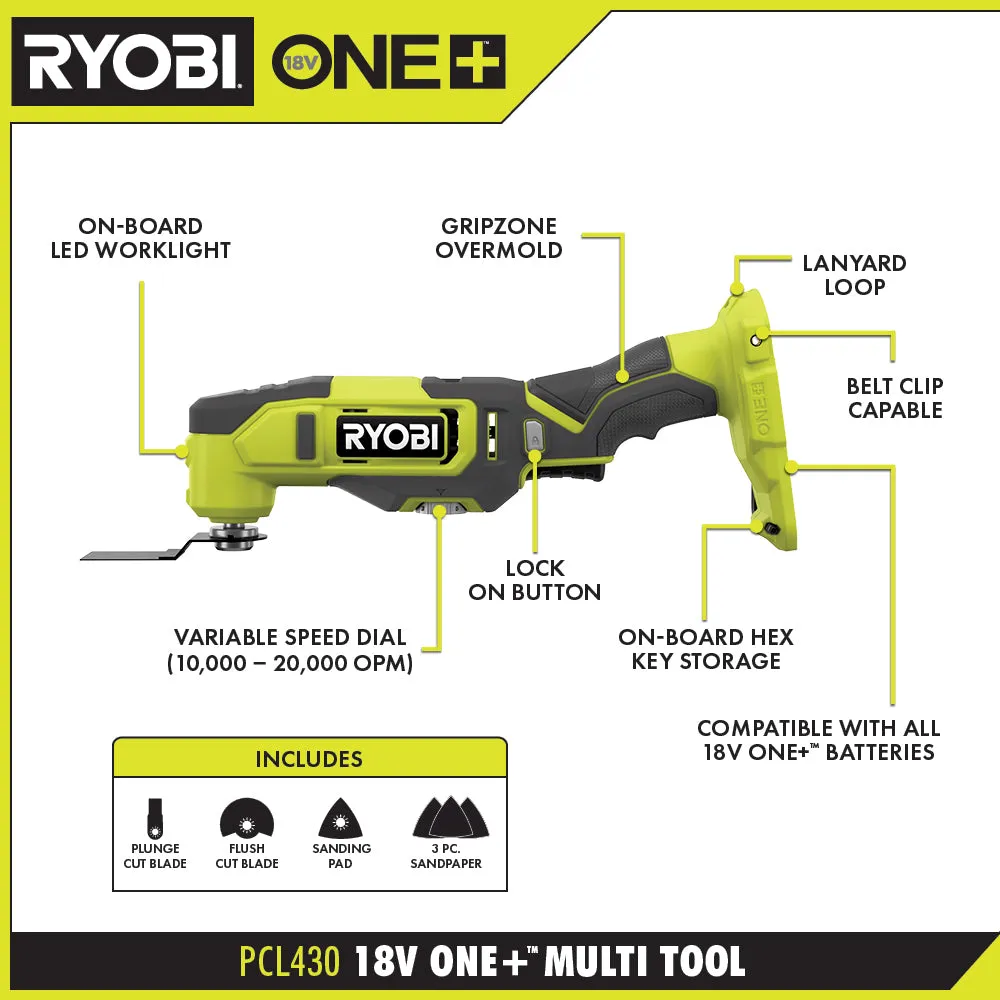 Open Box -  RYOBI ONE  18V Cordless 6-Tool Combo Kit with 1.5 Ah Battery, 4.0 Ah Battery, and Charger