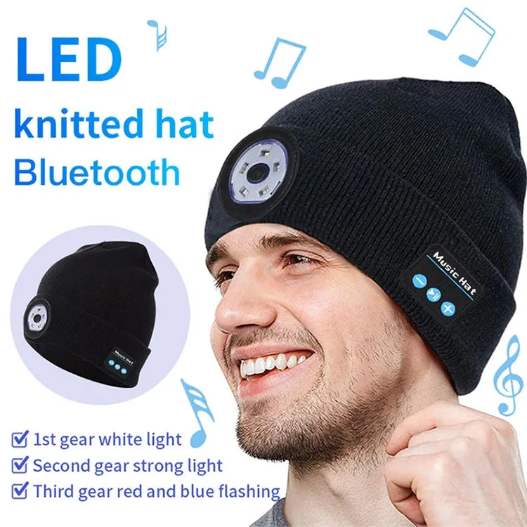 Outdoor Night Running Night Fishing LED Light Illumination Bluetooth 5.0 Knitted Hat (Black)