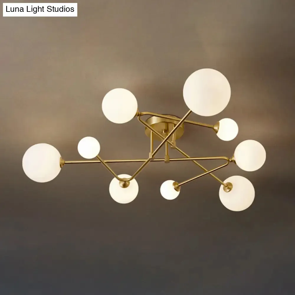 Postmodern Brass Semi Flush Mount Fixture - Orb Shaped Milk Glass Flush Ceiling Light