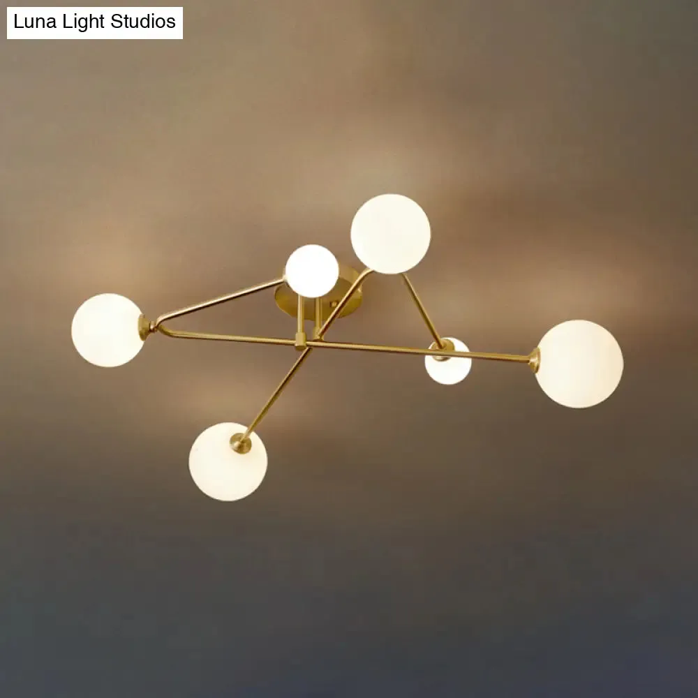 Postmodern Brass Semi Flush Mount Fixture - Orb Shaped Milk Glass Flush Ceiling Light