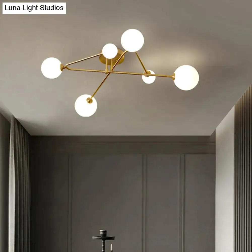 Postmodern Brass Semi Flush Mount Fixture - Orb Shaped Milk Glass Flush Ceiling Light