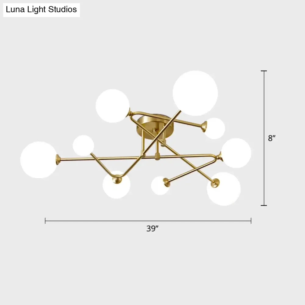 Postmodern Brass Semi Flush Mount Fixture - Orb Shaped Milk Glass Flush Ceiling Light