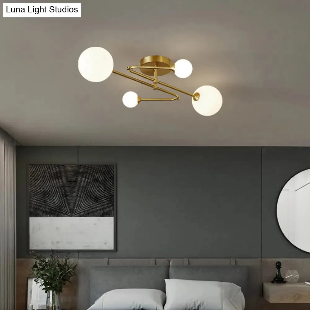 Postmodern Brass Semi Flush Mount Fixture - Orb Shaped Milk Glass Flush Ceiling Light