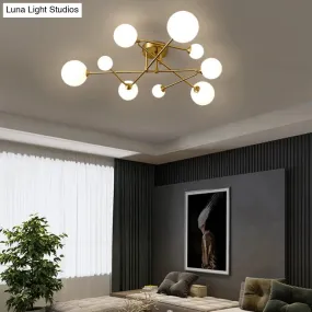 Postmodern Brass Semi Flush Mount Fixture - Orb Shaped Milk Glass Flush Ceiling Light