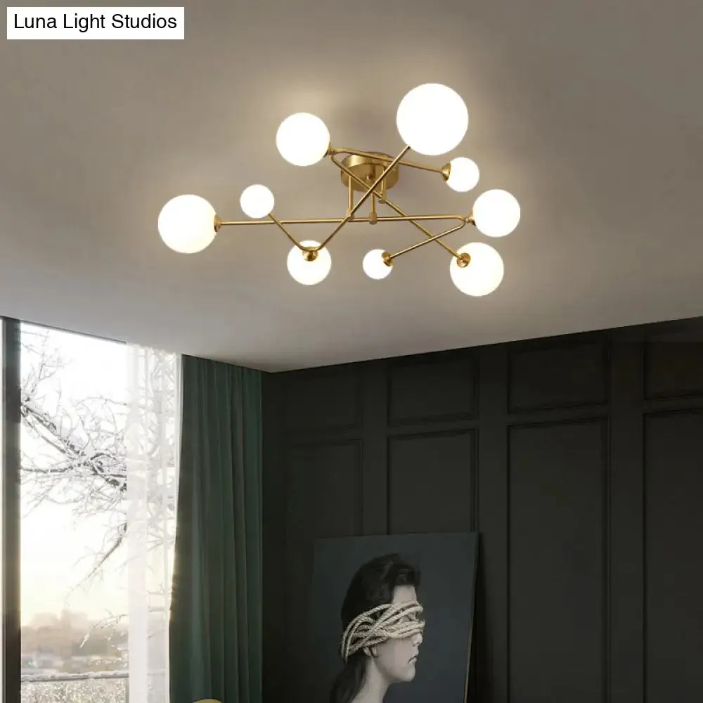 Postmodern Brass Semi Flush Mount Fixture - Orb Shaped Milk Glass Flush Ceiling Light
