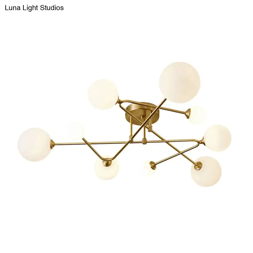 Postmodern Brass Semi Flush Mount Fixture - Orb Shaped Milk Glass Flush Ceiling Light