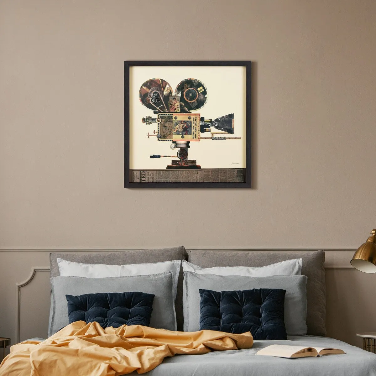 "Antique Film Projector" Alex Zeng's dimensional collage, under glass & a black shadow box frame