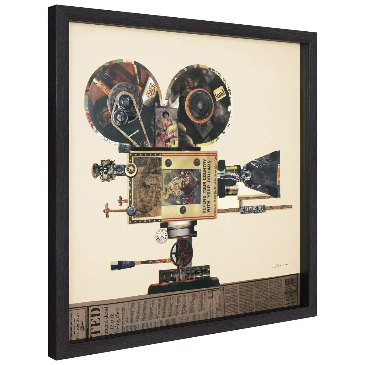 "Antique Film Projector" Alex Zeng's dimensional collage, under glass & a black shadow box frame