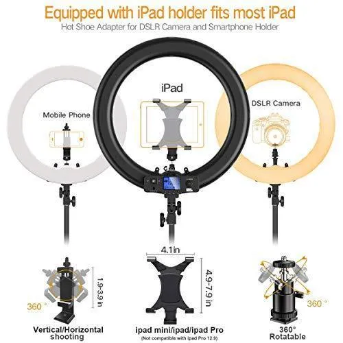 Ring Light with Wireless Remote and iPad Holder, Pixel 19" Bi-Color LCD Display Ring Light with Stand and Selfie Remote, 55W 3000-5800K CRI≥97 Light Ring for Live Stream Self-Portrait Video Shooting