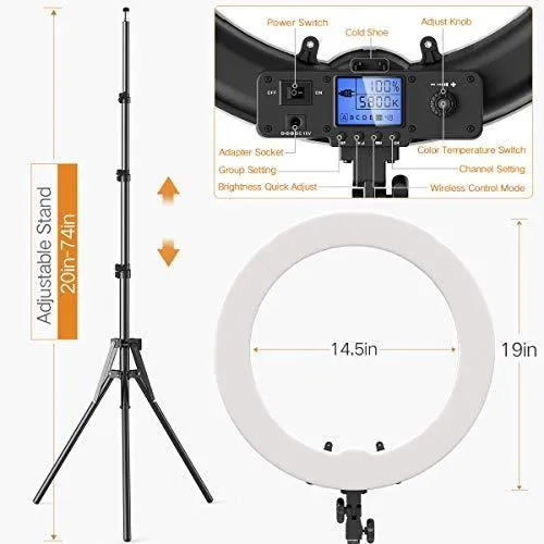 Ring Light with Wireless Remote and iPad Holder, Pixel 19" Bi-Color LCD Display Ring Light with Stand and Selfie Remote, 55W 3000-5800K CRI≥97 Light Ring for Live Stream Self-Portrait Video Shooting