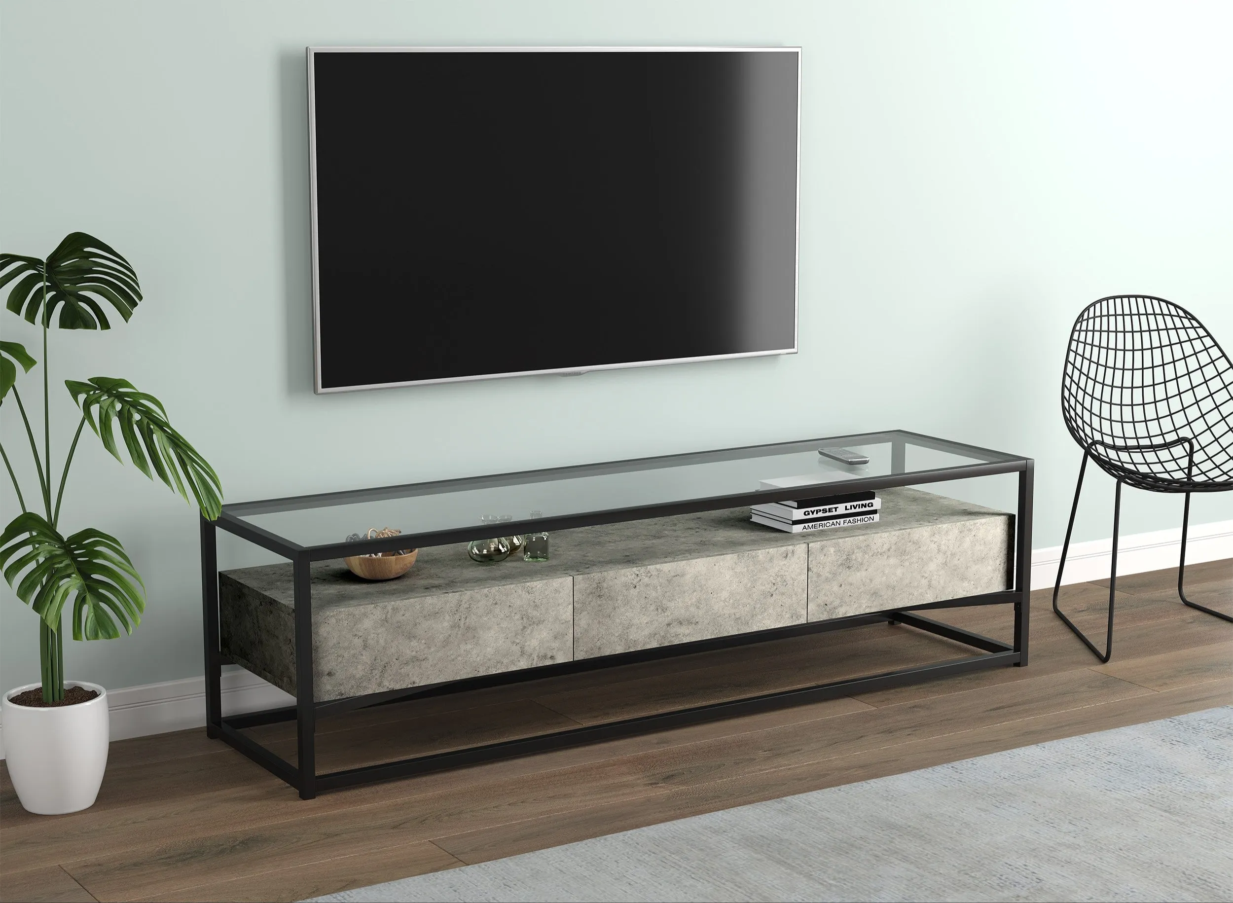 Safdie & Co. Tv Stand 59L Dark Cement 3 Drawers Glass Top