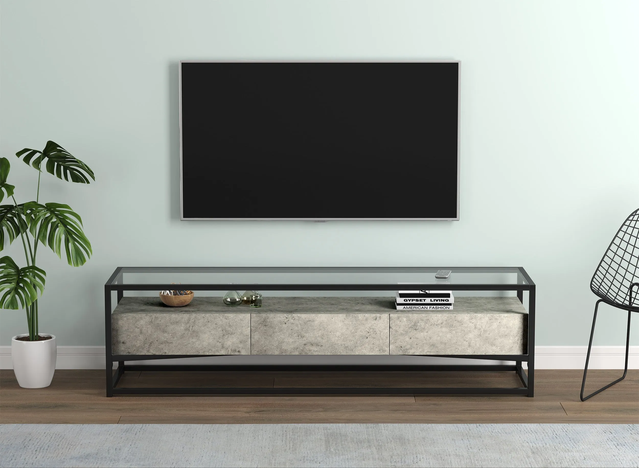 Safdie & Co. Tv Stand 59L Dark Cement 3 Drawers Glass Top