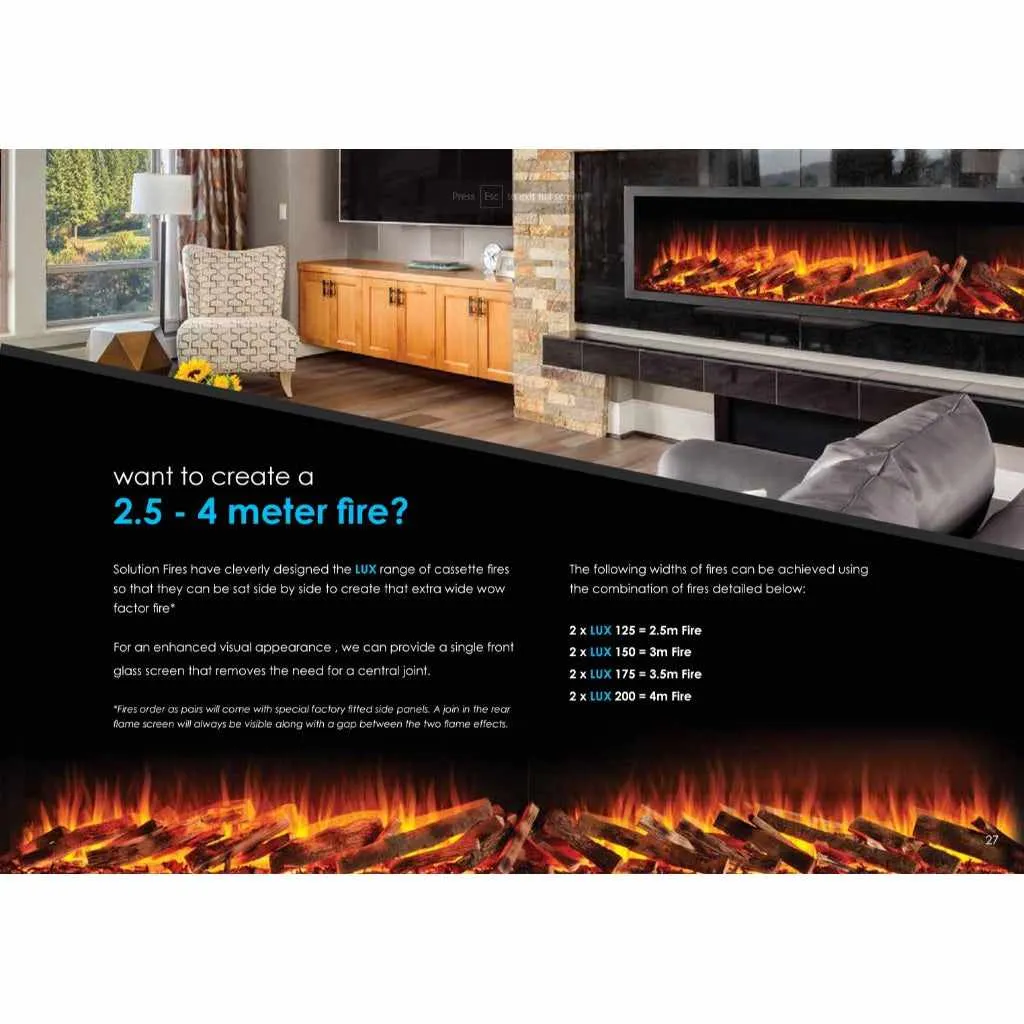 Solution Fires LUX 100 HD 1000MM Panoramic Electric Fire - 1/2/3 Sided Media Wall Electric Fire