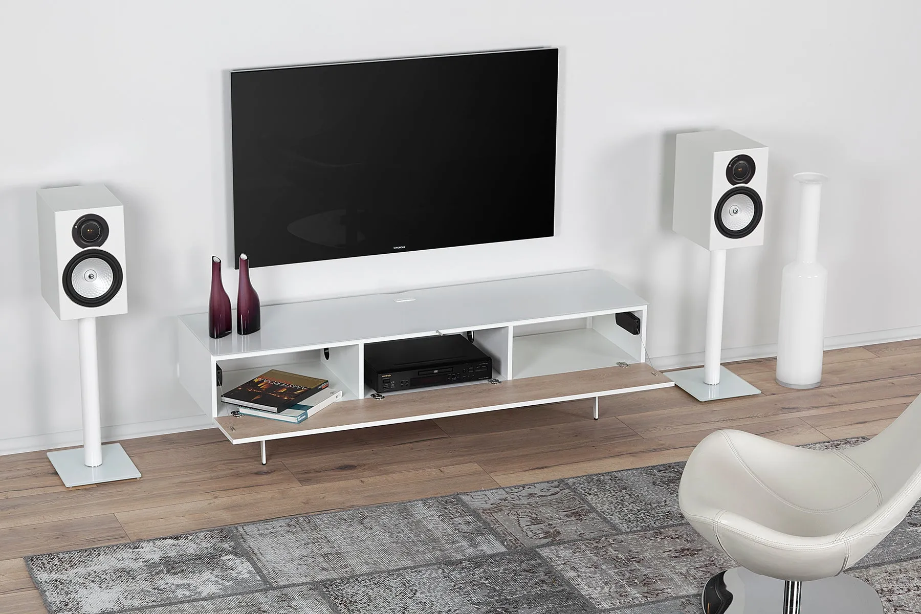Sonorous Studio ST360 Modern TV Stand w/ Spike Legs for TVs up to 75" - White / Black Wood Cover