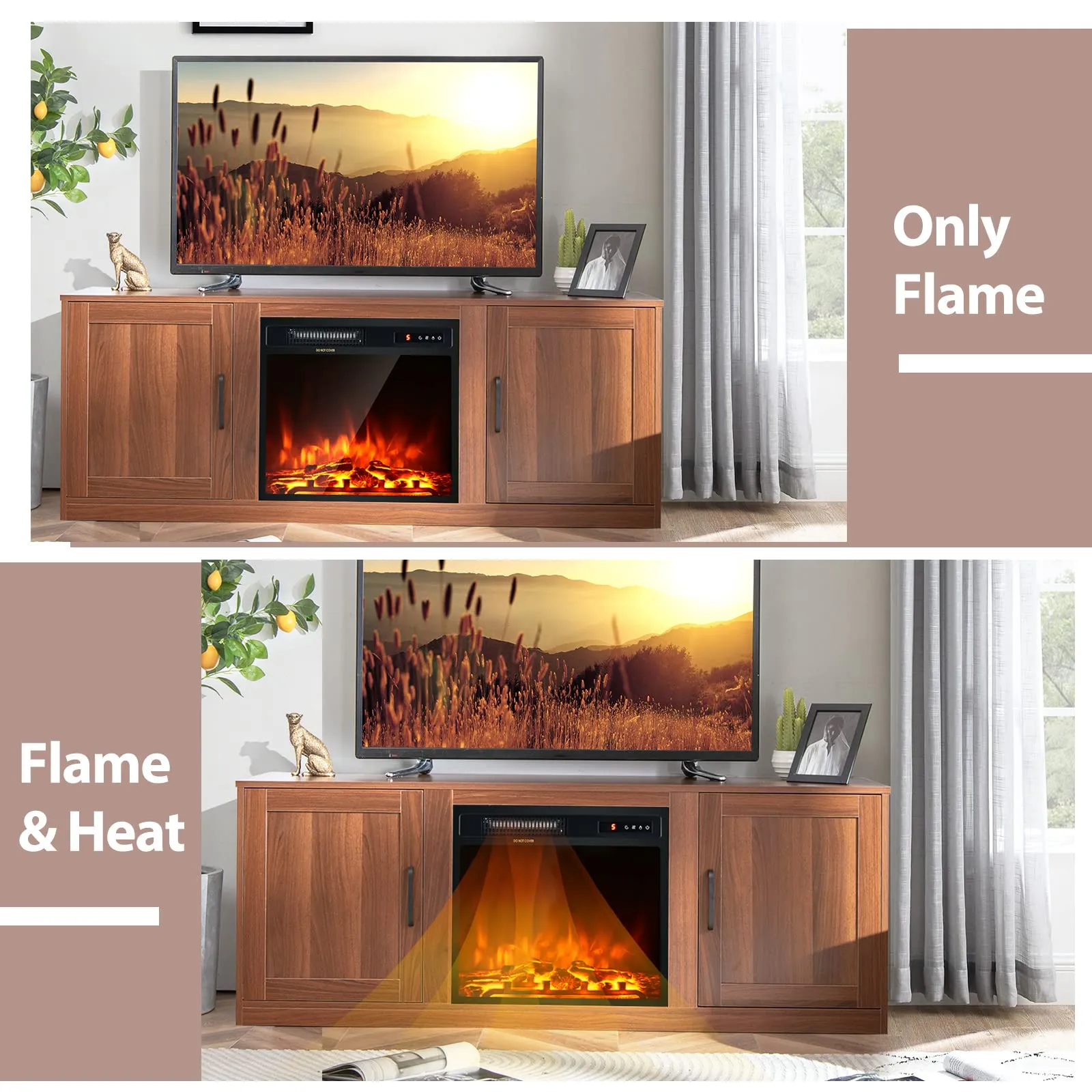 Tangkula Electric Fireplace TV Stand for TVs up to 65 Inch,with 18 Inch 1500W Faux Fireplace,Built-in Thermostat