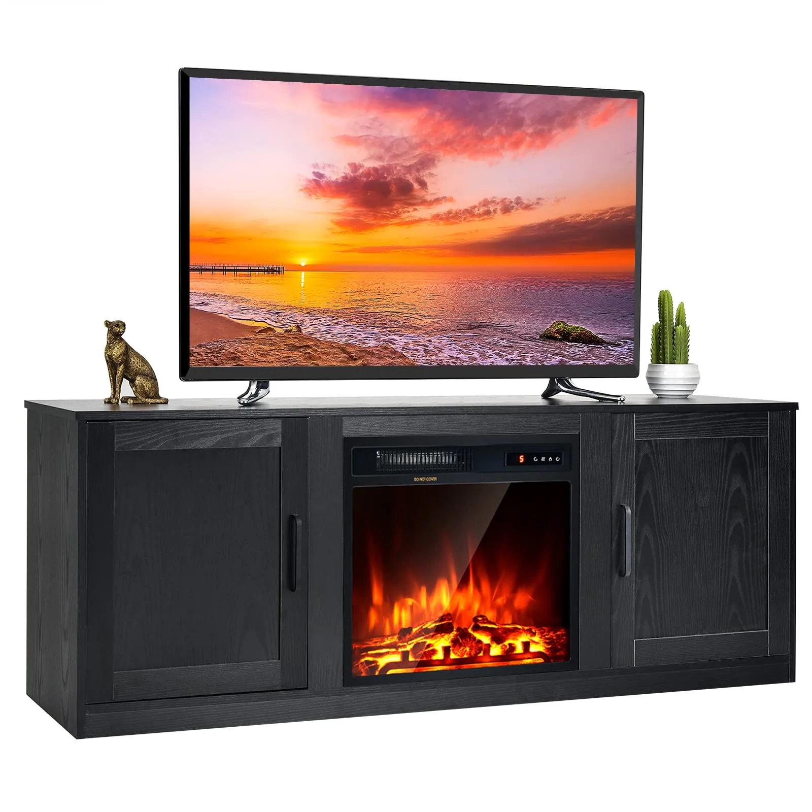 Tangkula Electric Fireplace TV Stand for TVs up to 65 Inch,with 18 Inch 1500W Faux Fireplace,Built-in Thermostat