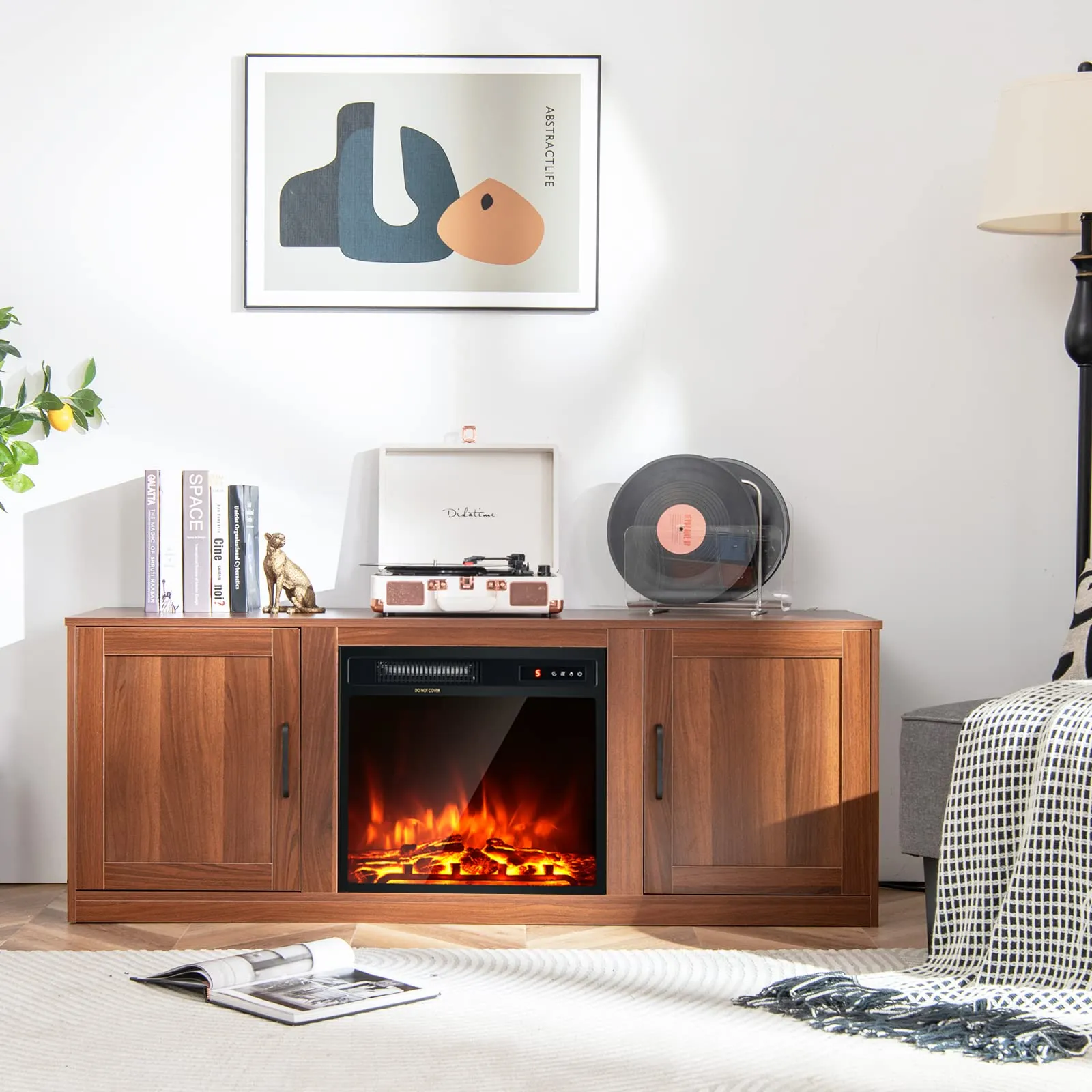 Tangkula Electric Fireplace TV Stand for TVs up to 65 Inch,with 18 Inch 1500W Faux Fireplace,Built-in Thermostat
