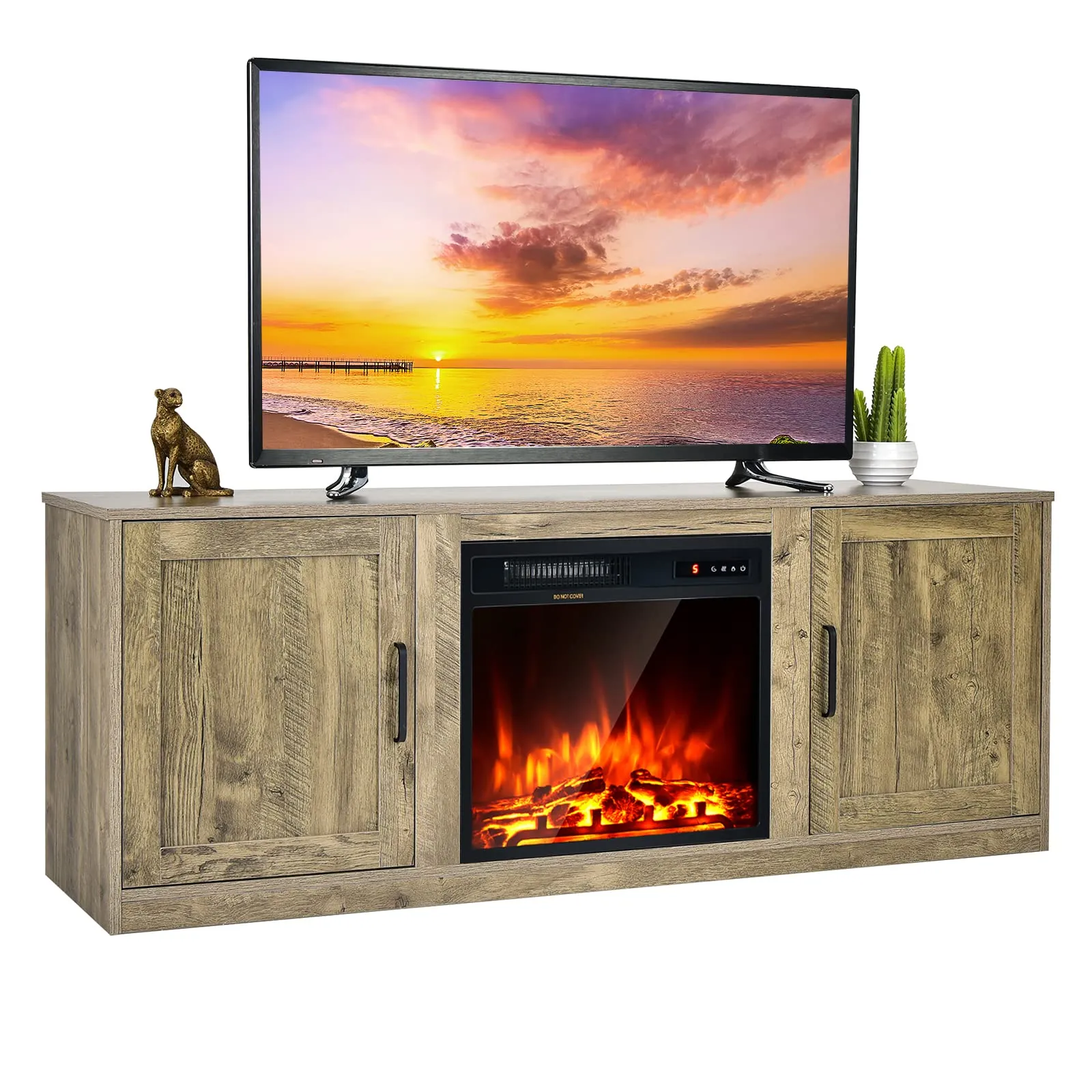 Tangkula Electric Fireplace TV Stand for TVs up to 65 Inch,with 18 Inch 1500W Faux Fireplace,Built-in Thermostat