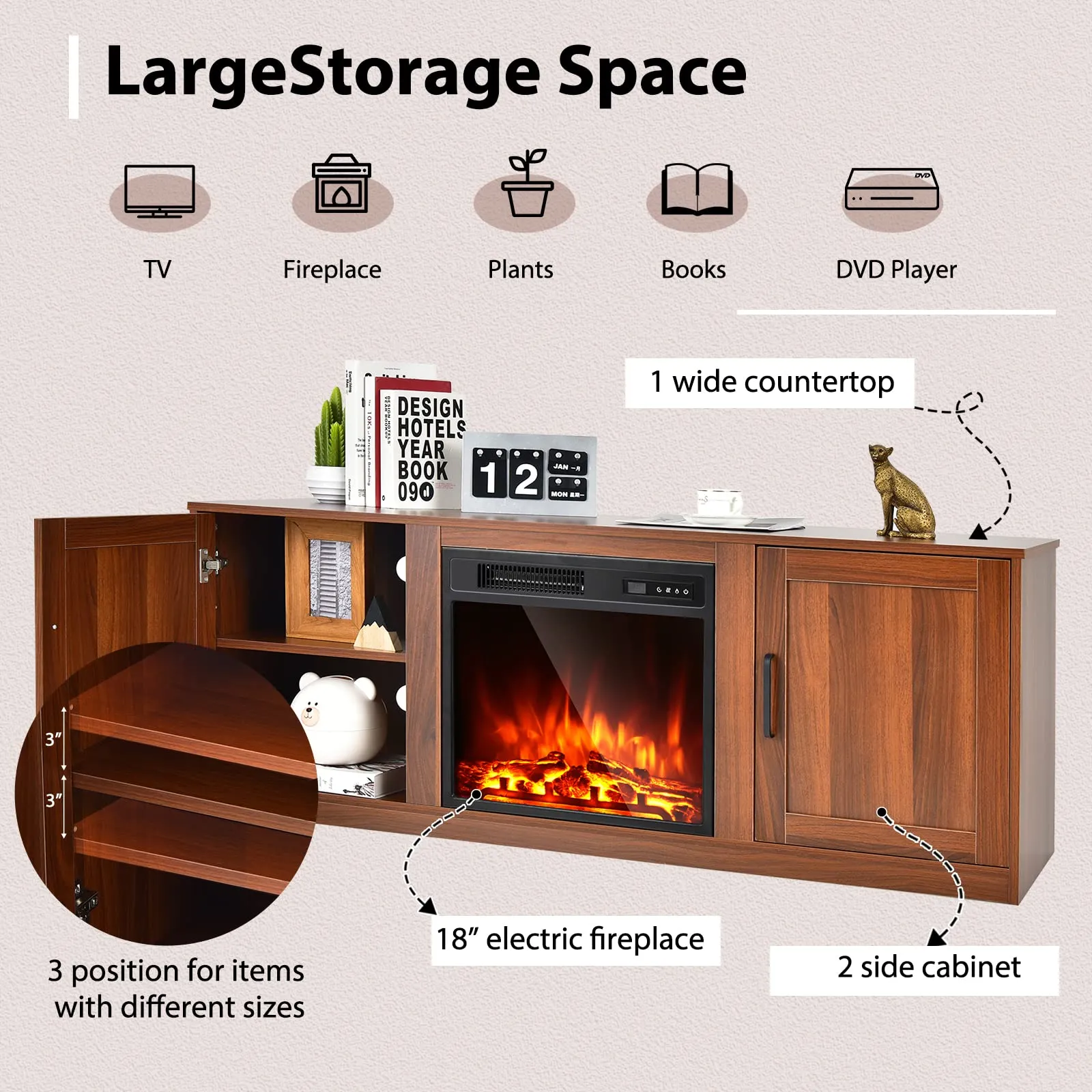 Tangkula Electric Fireplace TV Stand for TVs up to 65 Inch,with 18 Inch 1500W Faux Fireplace,Built-in Thermostat