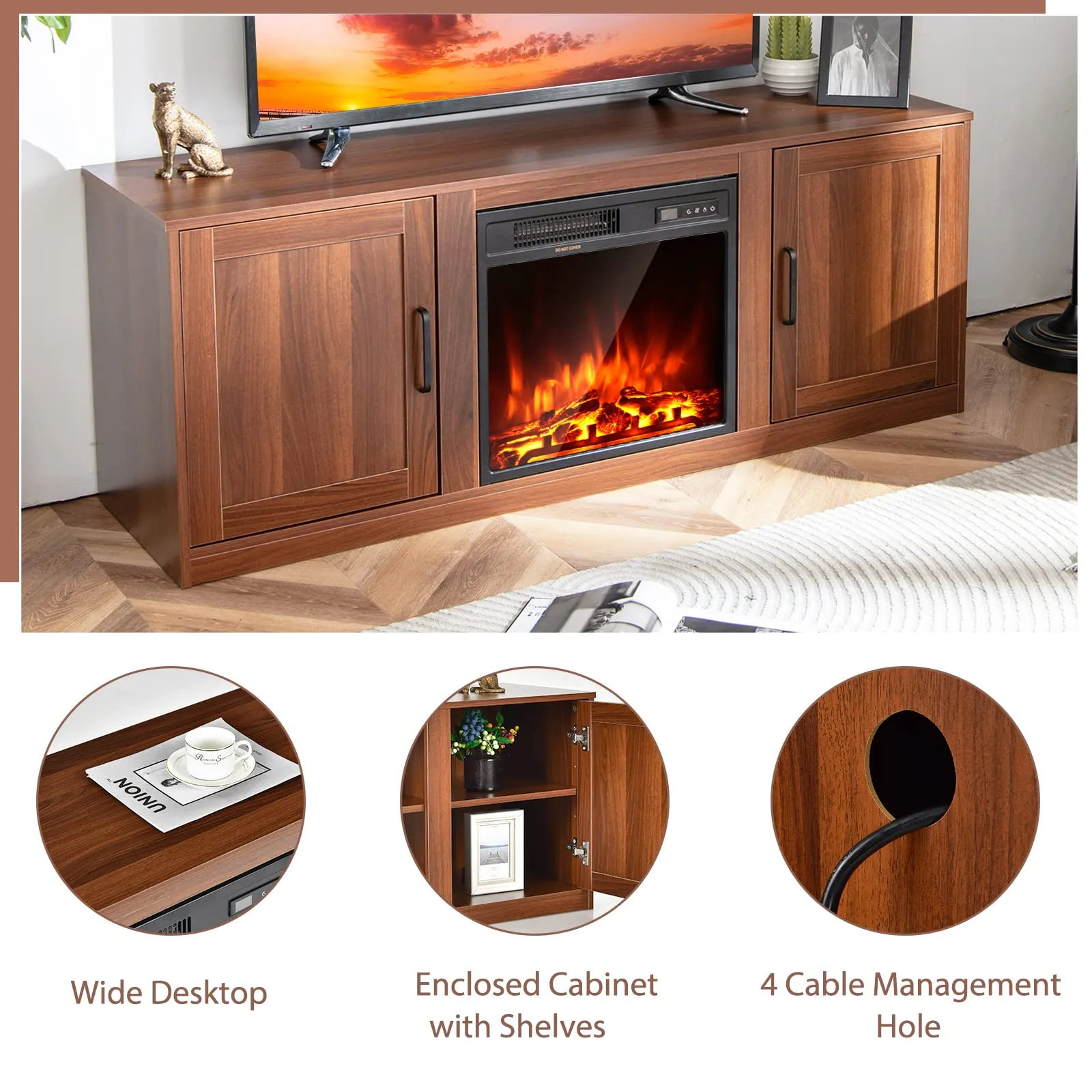 Tangkula Electric Fireplace TV Stand for TVs up to 65 Inch,with 18 Inch 1500W Faux Fireplace,Built-in Thermostat