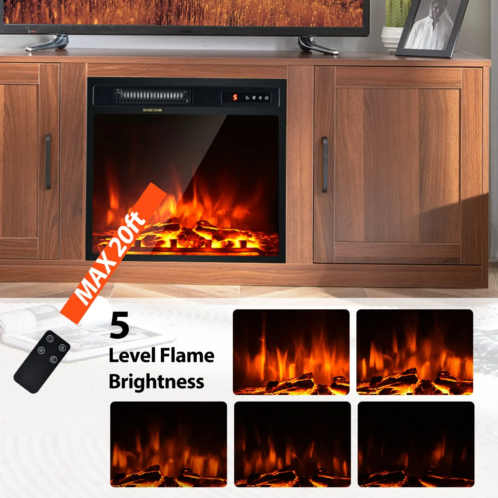 Tangkula Electric Fireplace TV Stand for TVs up to 65 Inch,with 18 Inch 1500W Faux Fireplace,Built-in Thermostat