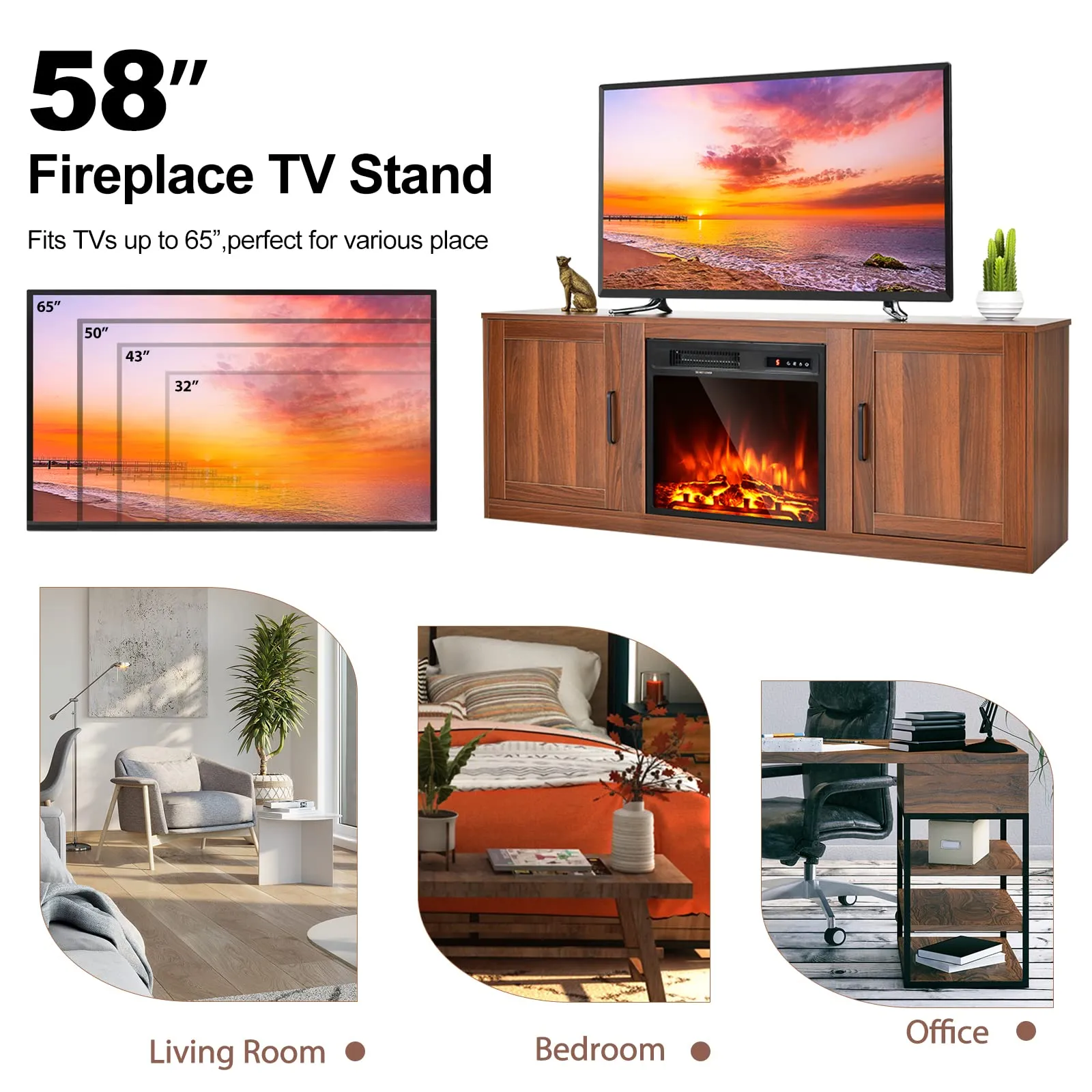 Tangkula Electric Fireplace TV Stand for TVs up to 65 Inch,with 18 Inch 1500W Faux Fireplace,Built-in Thermostat