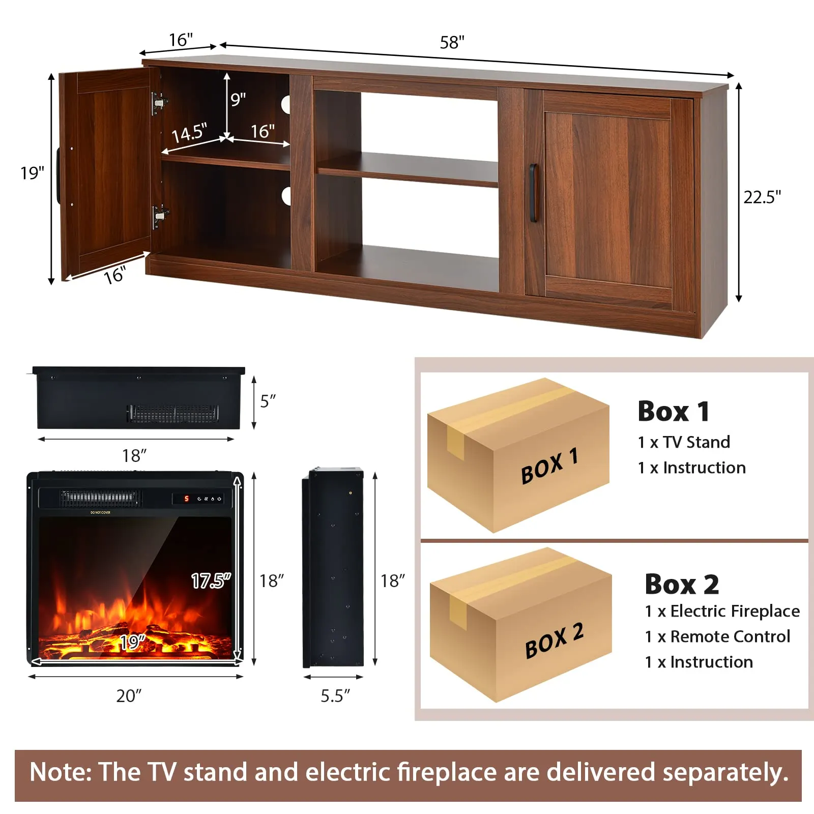 Tangkula Electric Fireplace TV Stand for TVs up to 65 Inch,with 18 Inch 1500W Faux Fireplace,Built-in Thermostat