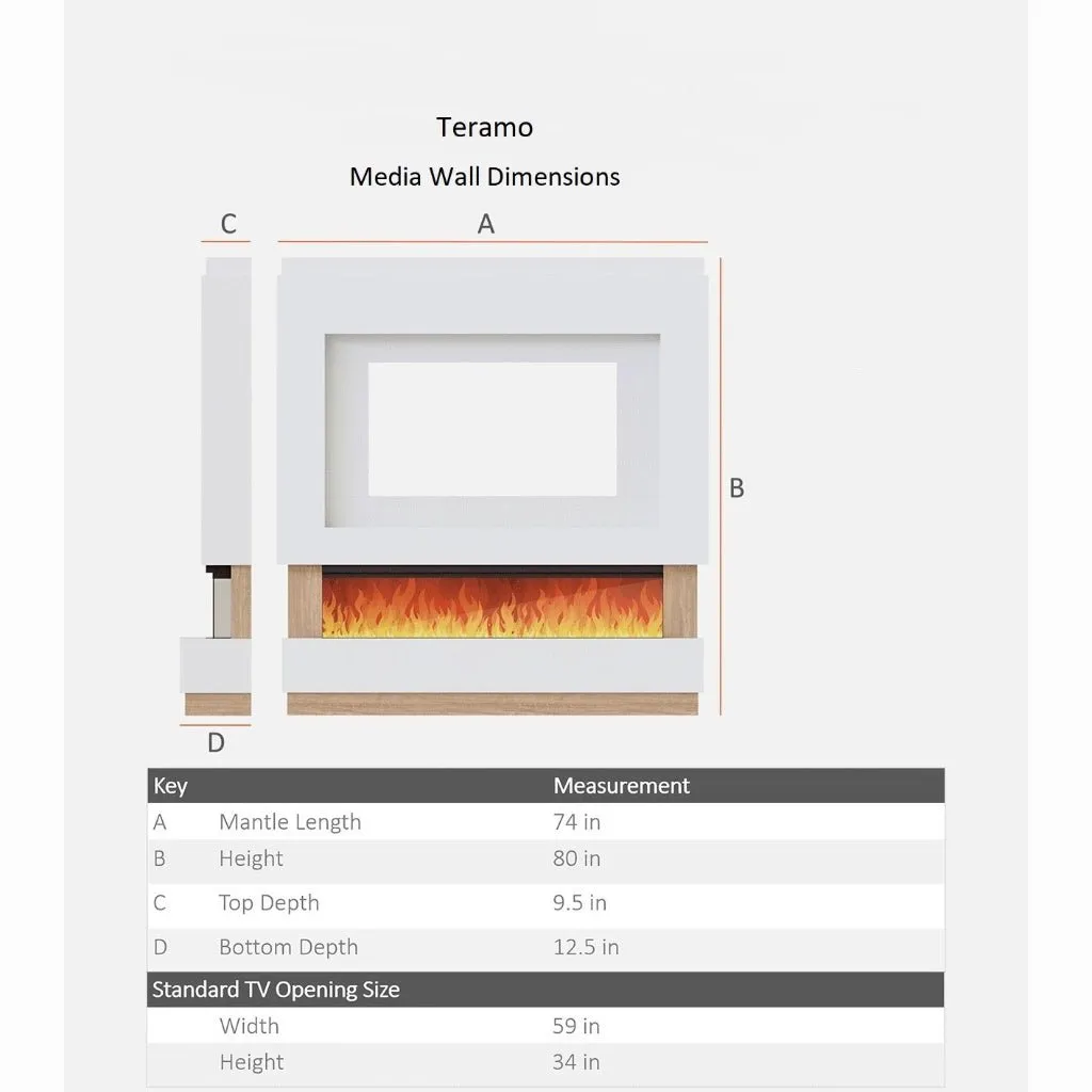 Teramo 74" Pre-Built Media Wall Fireplace - Electric Fire Package