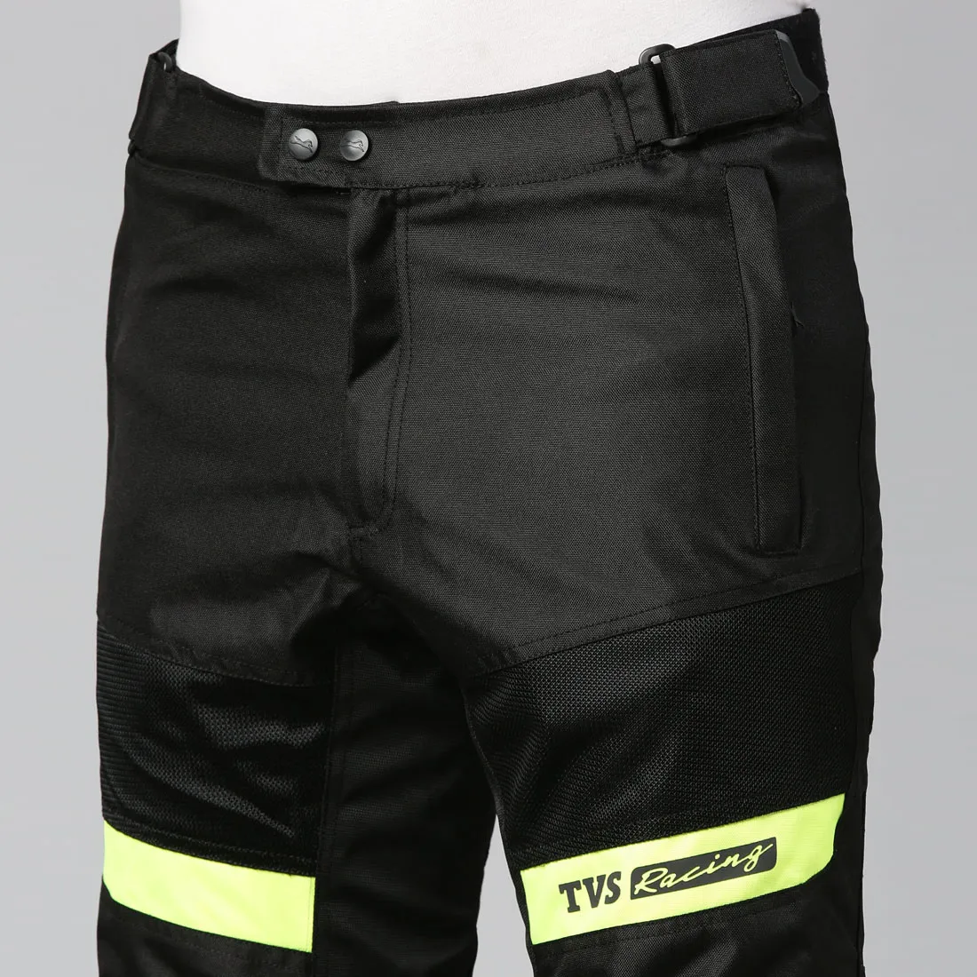 TVS Racing Riding Pant for Men: Pant for Men Biker with CE Level-2 Knee Armor, High-Abrasion Resistance, Day-Night Reflective Safety, Adjustable Comfort Fit, and Mesh for Ventilation (Black/Neon-M)