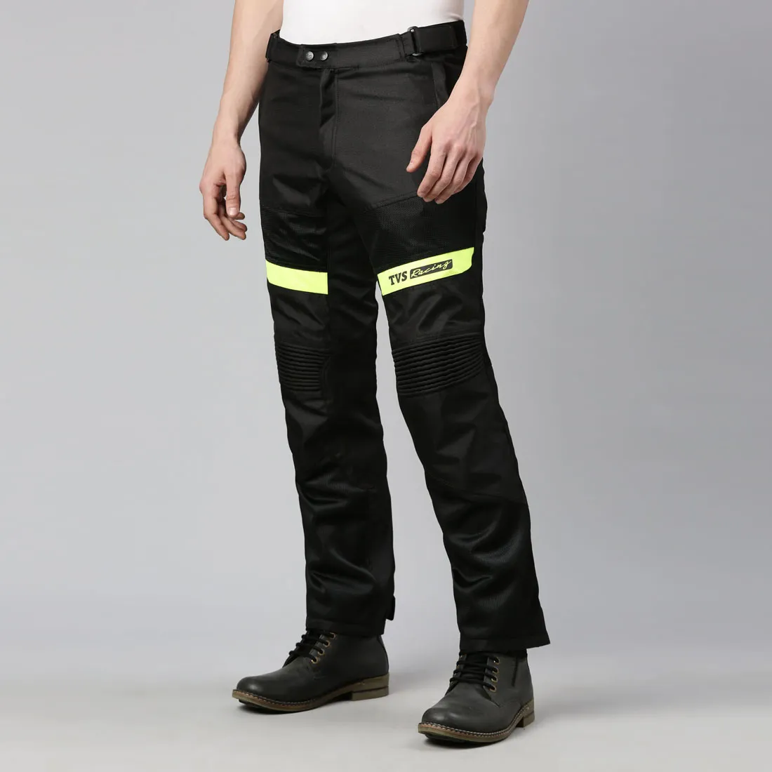 TVS Racing Riding Pant for Men: Pant for Men Biker with CE Level-2 Knee Armor, High-Abrasion Resistance, Day-Night Reflective Safety, Adjustable Comfort Fit, and Mesh for Ventilation (Black/Neon-M)