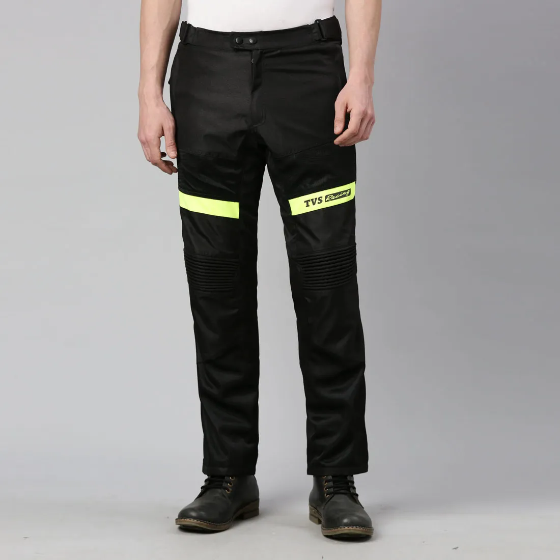 TVS Racing Riding Pant for Men: Pant for Men Biker with CE Level-2 Knee Armor, High-Abrasion Resistance, Day-Night Reflective Safety, Adjustable Comfort Fit, and Mesh for Ventilation (Black/Neon-M)