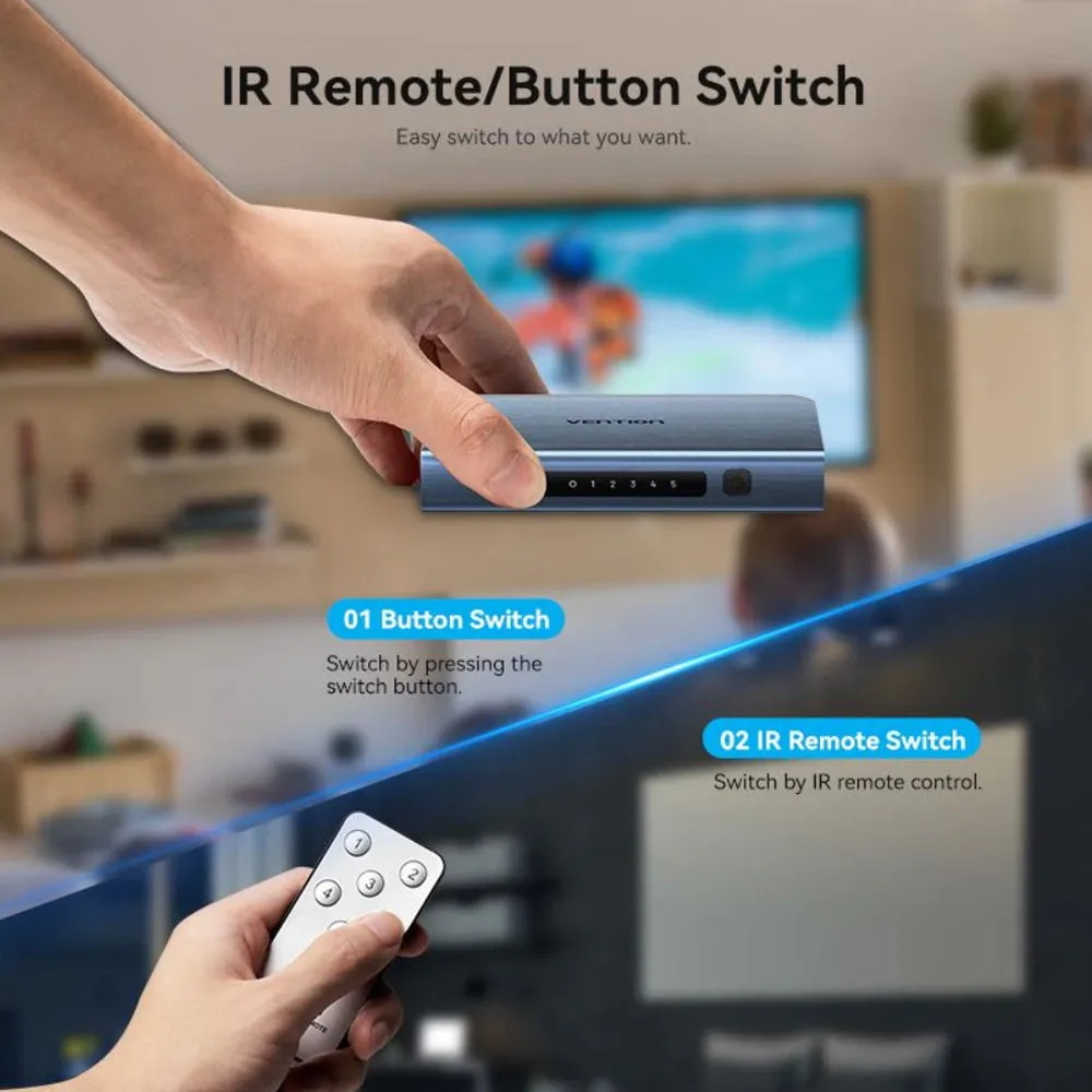 Vention 5 In 1 Out HDMI 2.0 4K Ultra High Definition HDMI Video Switcher with IR Remote Control and Power Supply Port for Desktop Computer Laptop PS5/4/3 Gaming Console Media Player to Smart TV Display Monitor Projector