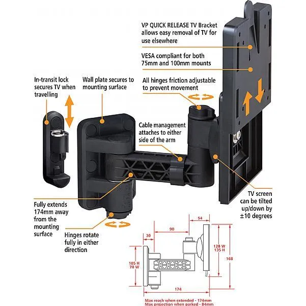 Vision Plus TV Wall Bracket - Single Arm Quick Release