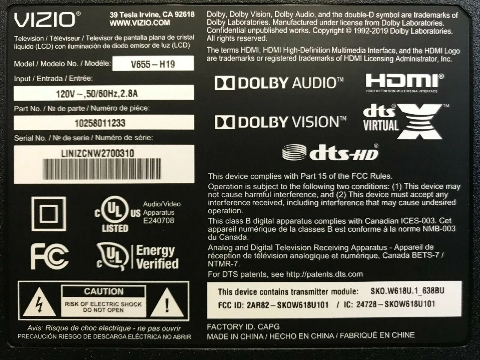 VIZIO V-Series® 65" Class 4K HDR Smart TV | V655-H19 | Open Box | Local pick-up in Los Angeles area CANNOT SHIP!