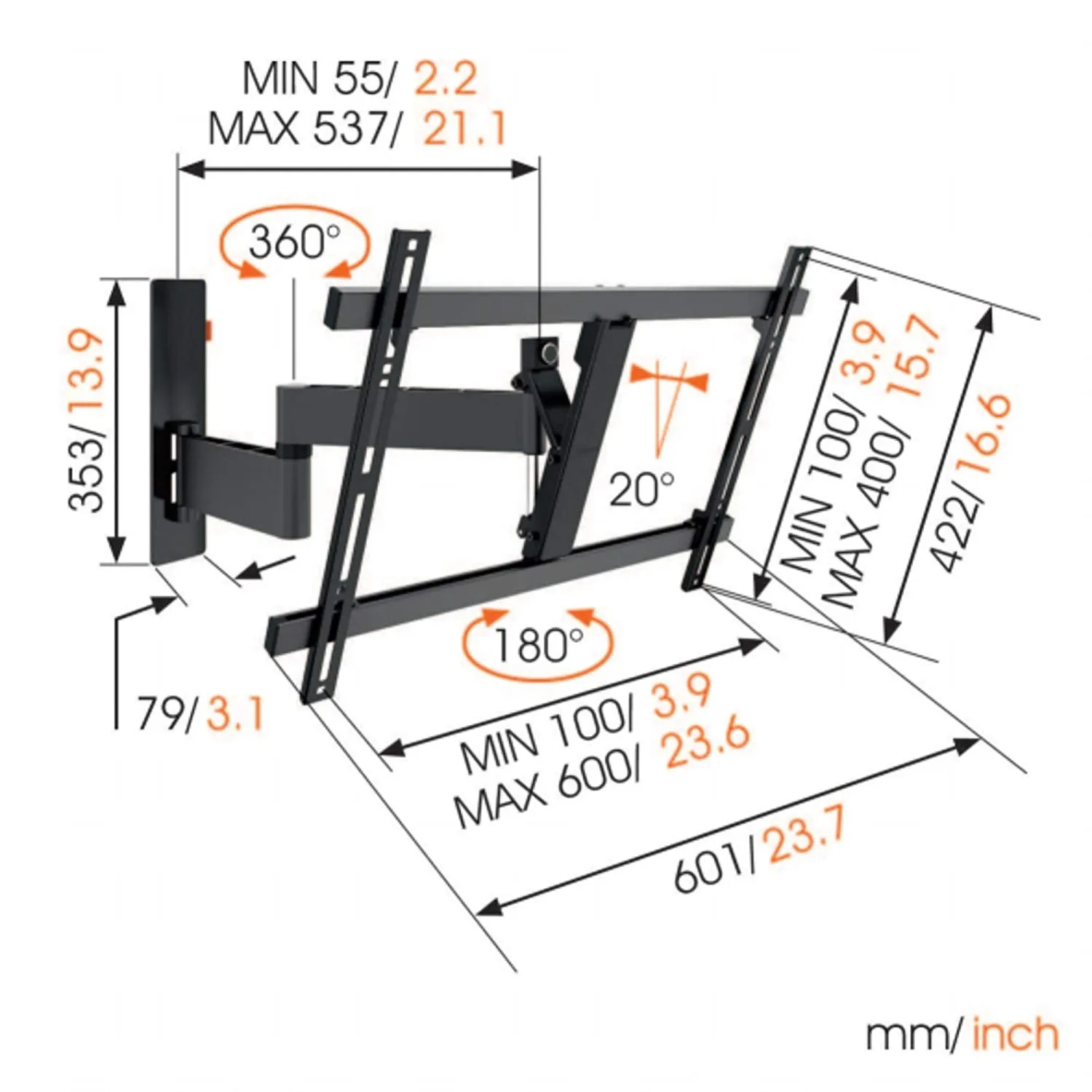Vogel's WALL 3345 Black, TV wall mount bracket for 40 - 170cm TVs, Swivel and tilt 180o, Max 30 kg and up to VESA 600x 400
