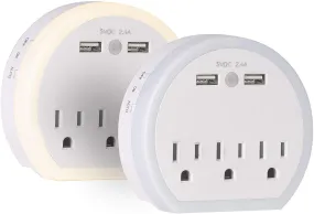 Wall Outlet Extender, Surge Protector Multi Plug Wall Charger with 3 Outlets and 2 USB Ports(5V/2.4A), Night Light Multiple Power Outlet for Cruise Ship Travel Office Home, White(2-Pack)