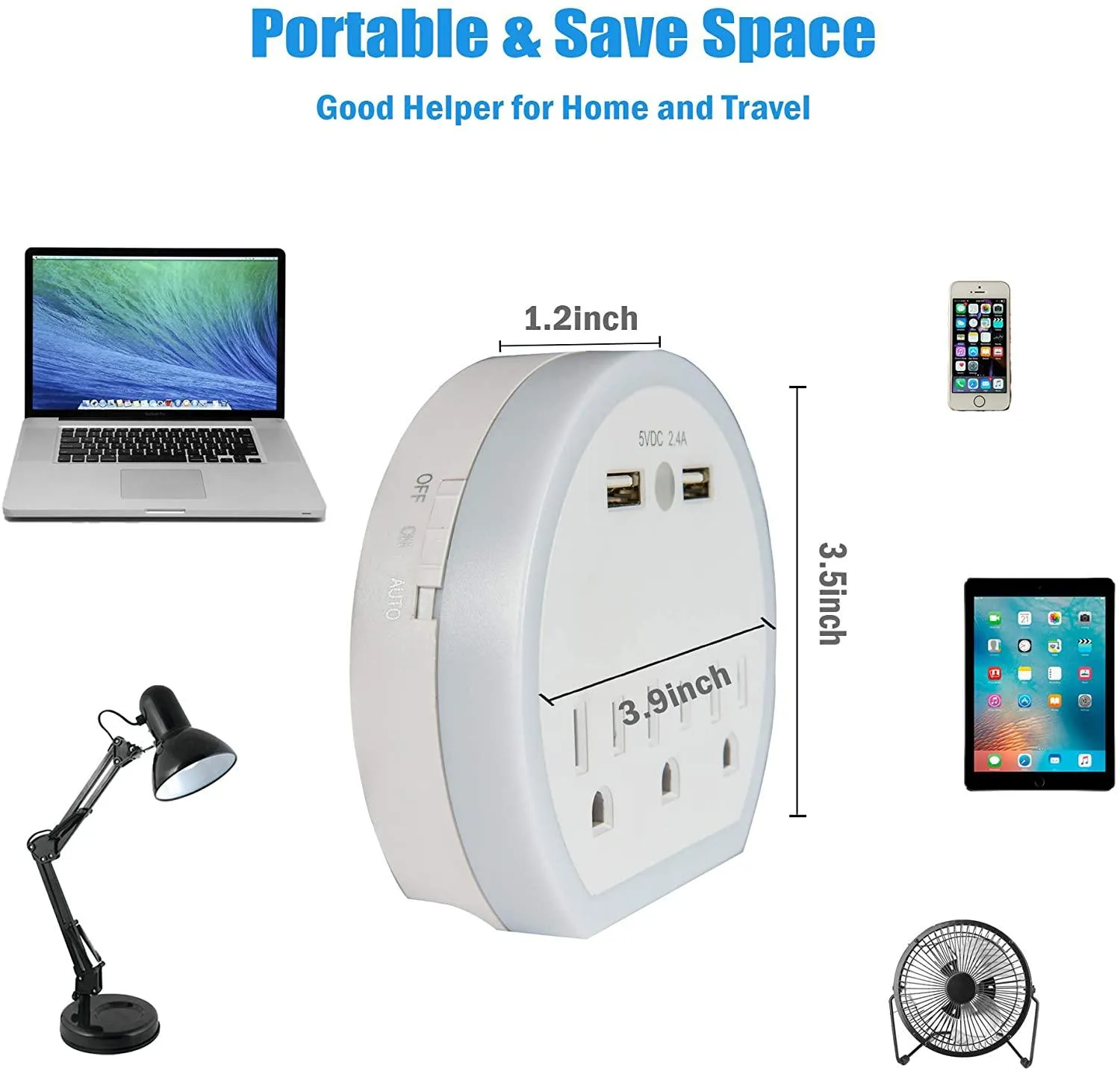 Wall Outlet Extender, Surge Protector Multi Plug Wall Charger with 3 Outlets and 2 USB Ports(5V/2.4A), Night Light Multiple Power Outlet for Cruise Ship Travel Office Home, White(2-Pack)