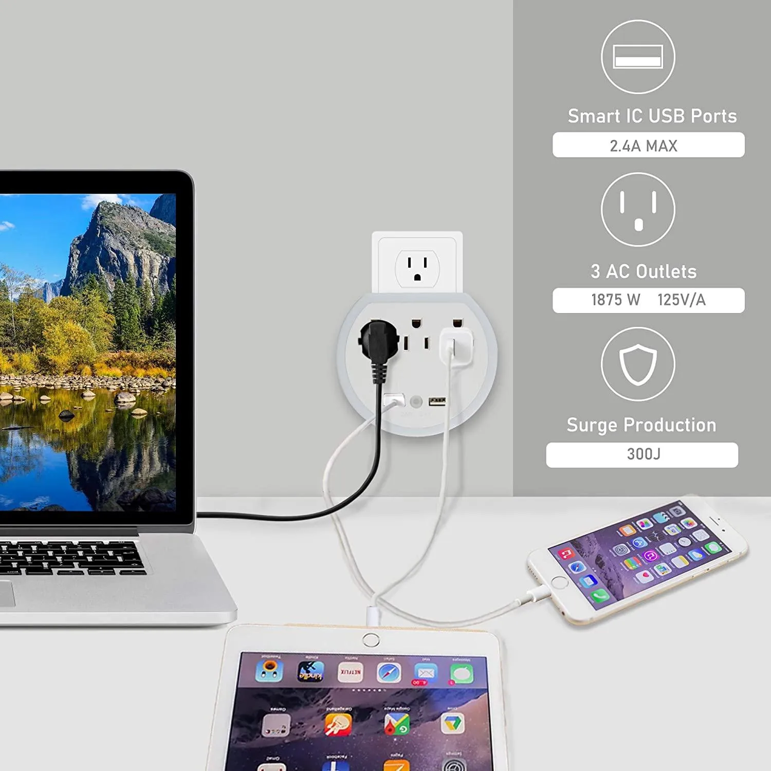 Wall Outlet Extender, Surge Protector Multi Plug Wall Charger with 3 Outlets and 2 USB Ports(5V/2.4A), Night Light Multiple Power Outlet for Cruise Ship Travel Office Home, White(2-Pack)