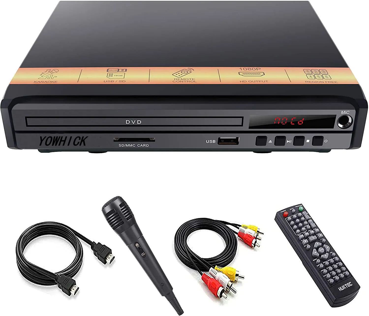 YOWHICK Compact HD DVD Player Support HDMI & AV Output, Play All Regions DVDs, Mic, PAL/NTSC, USB2.0 Input, with Full-Function Remote Controlle