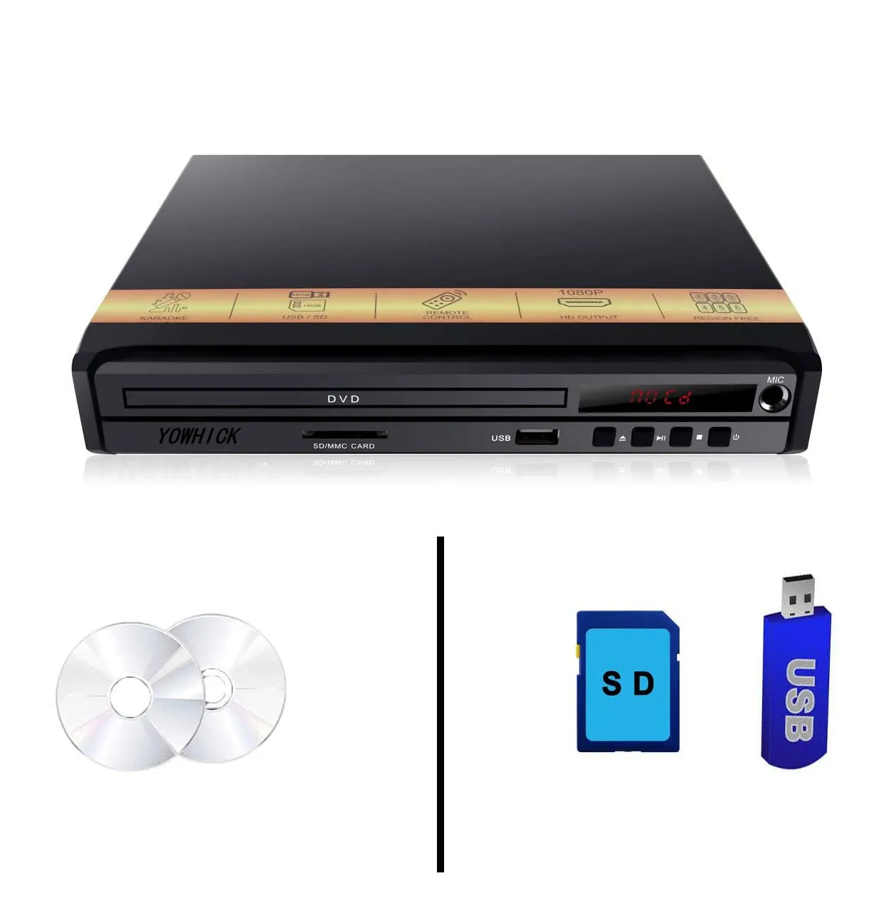 YOWHICK Compact HD DVD Player Support HDMI & AV Output, Play All Regions DVDs, Mic, PAL/NTSC, USB2.0 Input, with Full-Function Remote Controlle