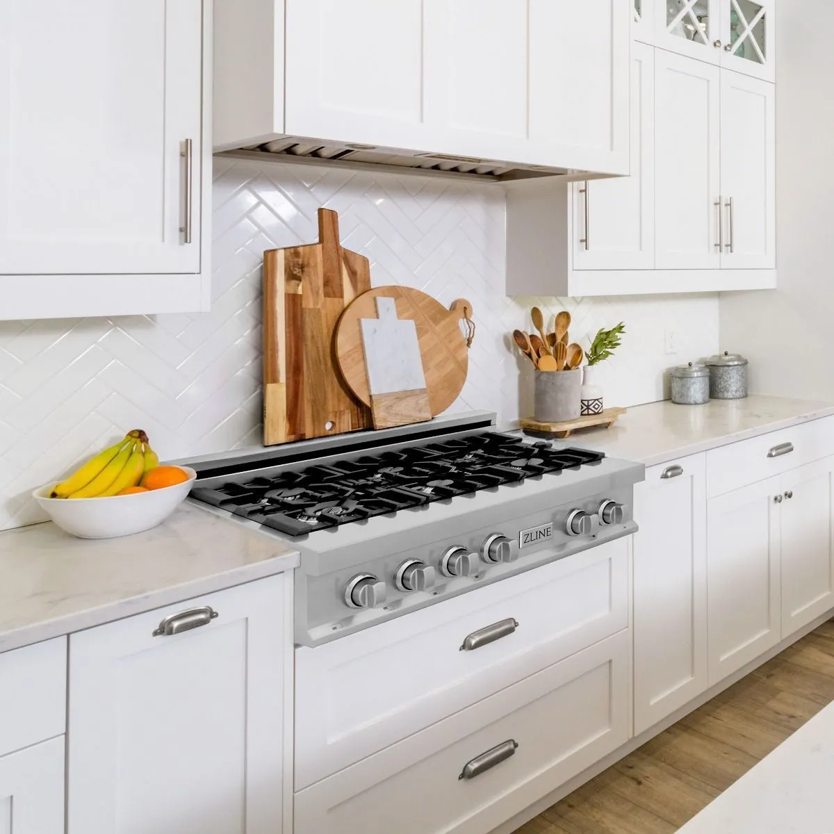 ZLINE 5-Piece Appliance Package - 36-Inch Rangetop, Refrigerator, 30-Inch Electric Wall Oven, 3-Rack Dishwasher, and Convertible Wall Mount Hood in Stainless Steel (5KPR-RTRH36-AWSDWV)